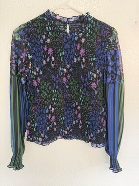 Desigual Multi-Color Smocked Floral Long-Sleeve Blouse large